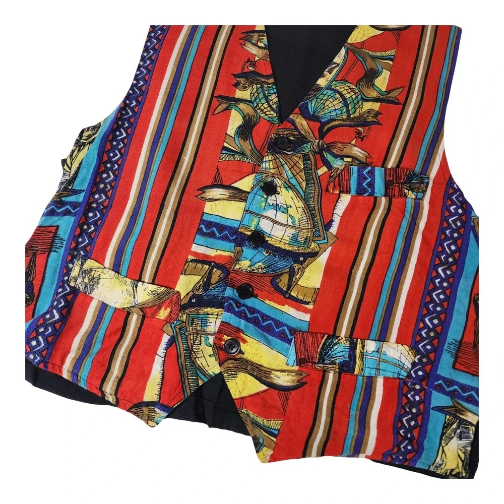 City Streets Vintage Globe Stripe Novelty Print Button Up‎ Vest Mens Medium Red